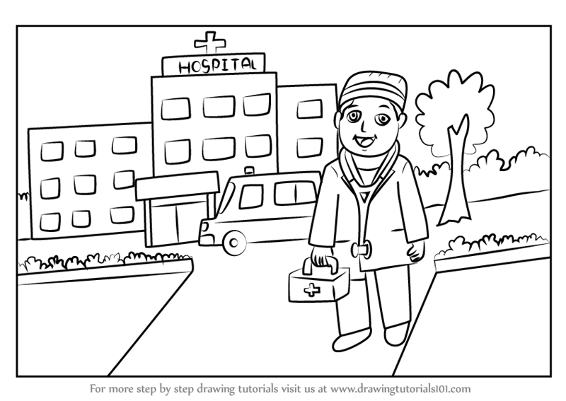 800x567 Learn How To Draw A Hospital Building With Doctor - Doctor Drawing Pictures