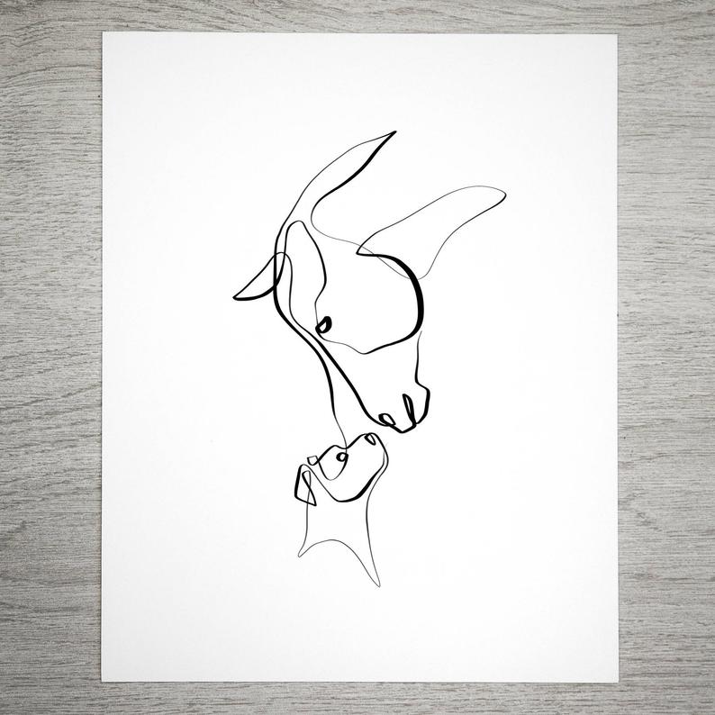 794x794 Horse And Dog One Line Art Equine Art Single Line Etsy - Dog Line Drawing