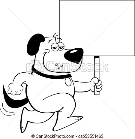 450x463 Cartoon Dog Running And Holding A Sign Black And White - Dog Running Drawing