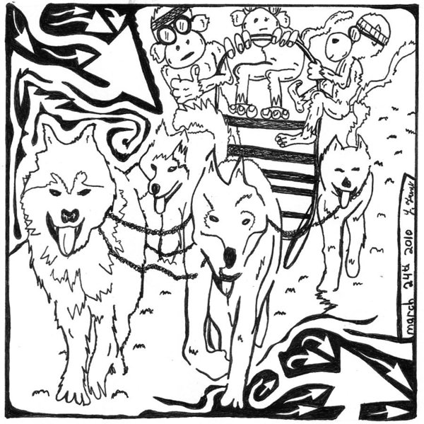 600x599 team of monkeys dog sled maze art print - Dog Sled Drawing
