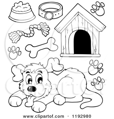 450x470 Cartoon Of A Black And White Happy Dog And Supplies - Dog Toy Drawing