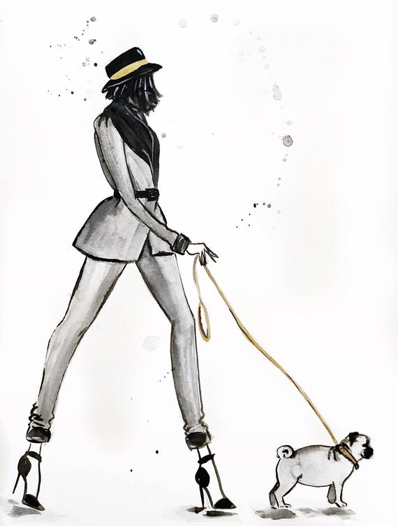 570x753 pug dog walker fashion illustration print etsy - Dog Walking Drawing