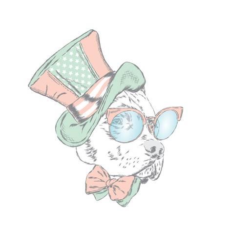 473x473 pitbull in an unusual hat and sunglasses vector illustration - Dog With Sunglasses Drawing