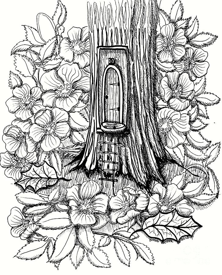 728x900 Fairy Tree Door With Dogwood Drawing - Dogwood Tree Drawing