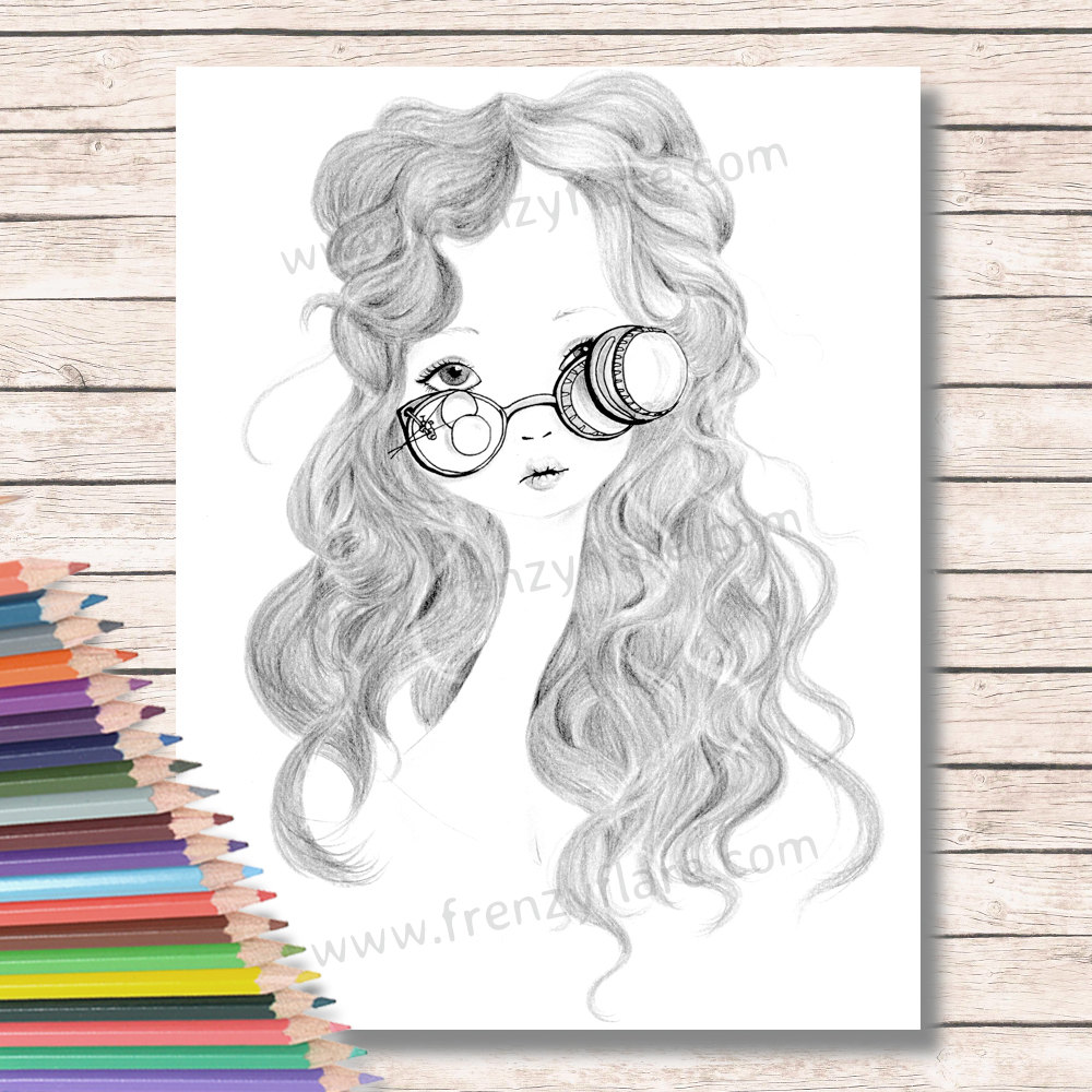1000x1000 printed coloring pages for adults or kids scientist girl with etsy - Doll Face Drawing