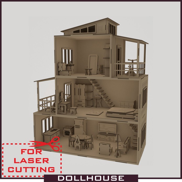 696x696 dollhouse drawing a model for laser cutting download cdr, dxf - Dollhouse Drawing