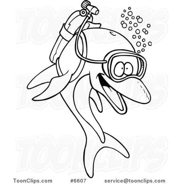 581x600 Cartoon Black And White Line Drawing Of A Scuba Dolphin - Dolphin Line Drawing
