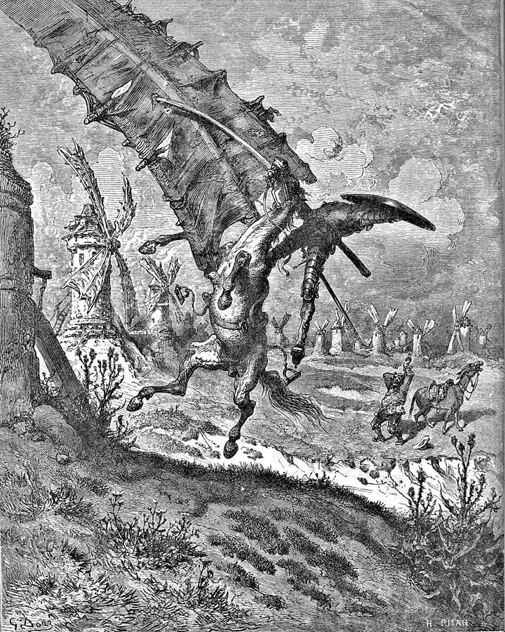 720x900 Don Quixote Attacks The Windmill Engraving Drawing - Don Quixote Drawing
