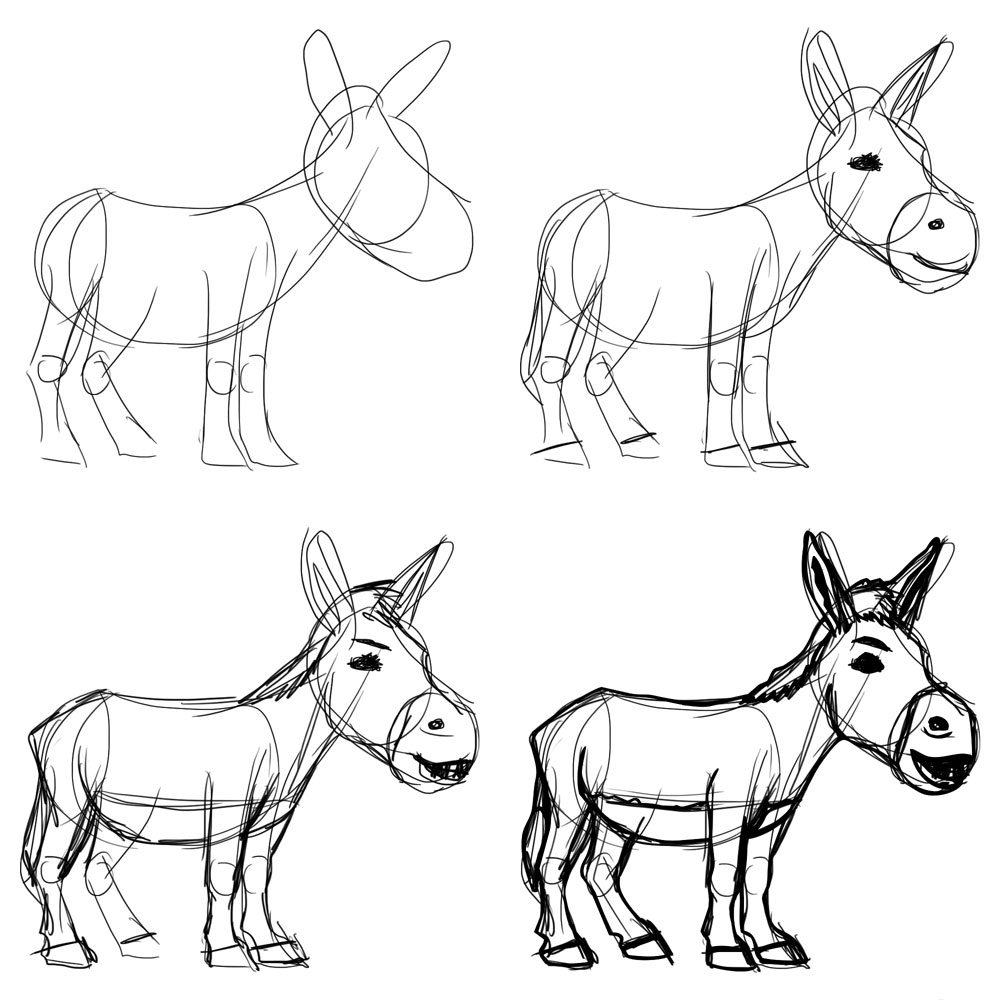 1000x1000 Donkey Cartoon Drawing In Steps With Photoshop - Donkey Line Drawing