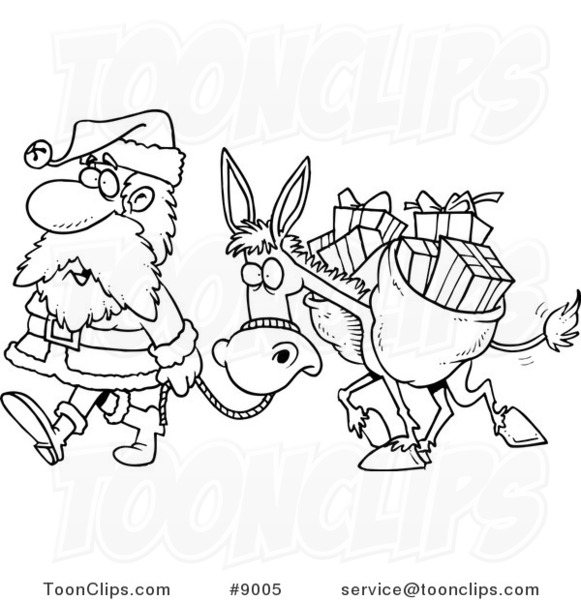 581x600 Cartoon Black And White Line Drawing Of Santa Walking - Donkey Line Drawing