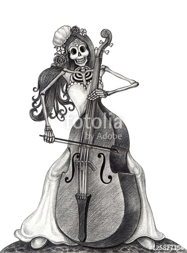 370x500 Art Women Skull Day Of The Dead Art Design Women Skull Playing - Double Bass Drawing