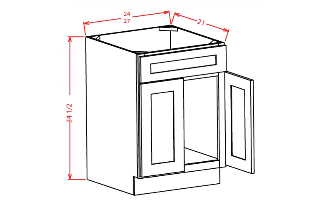 1100x700 Shaker White Double Door Vanity Base Cabinet Unassembled - Double Door Drawing