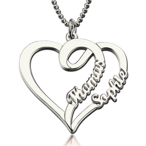 500x500 Double Heart Love Necklace With Two Names Sterling Silver - Double Heart Drawing