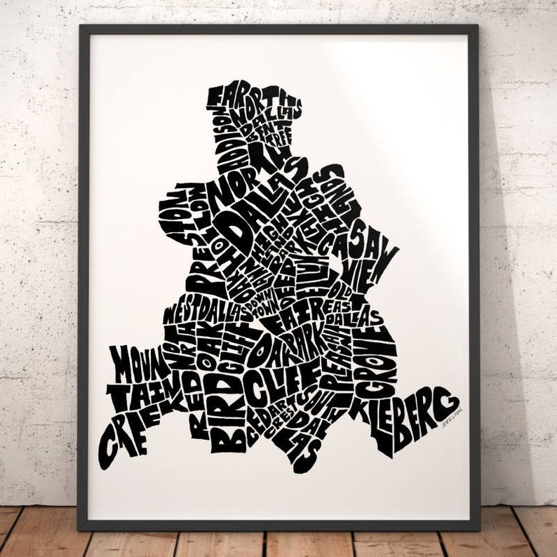 794x794 dallas typography map dallas art print map of dallas dallas etsy - Downtown Dallas Drawing