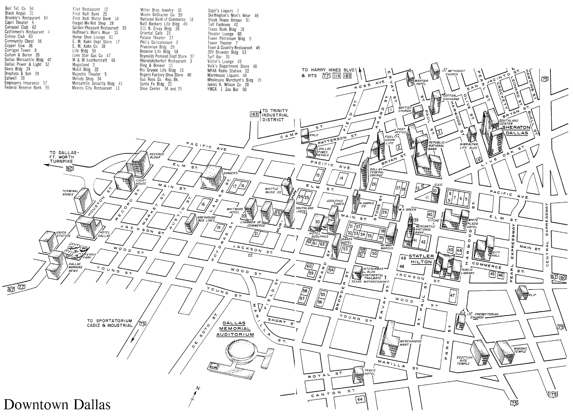1880x1376 map of downtown dallas, for the curious conventioneer - Downtown Dallas Drawing