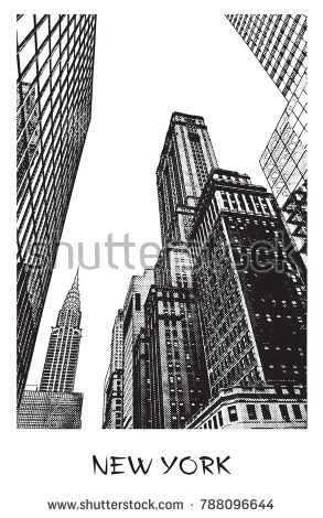 293x470 new york city vector drawing of a street in downtown in engraving - Downtown Drawing