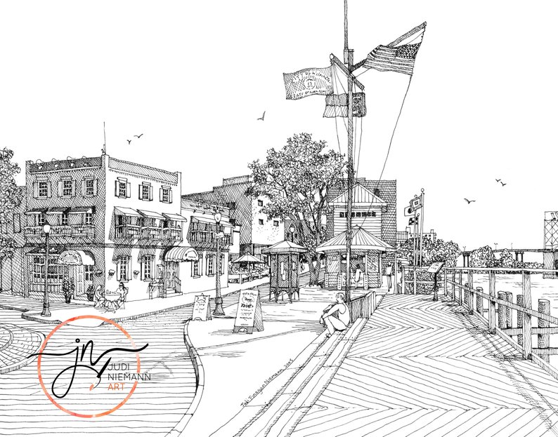 794x623 wilmington riverfront pen and ink drawing downtown wilmington etsy - Downtown Drawing