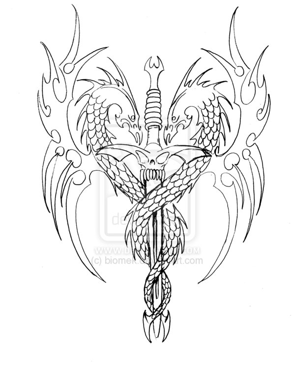 600x762 Dragon Sword Tattoo Design Sketch - Dragon Drawing Designs