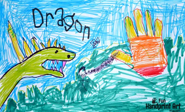 600x363 Kids Hand Drawings Ocean Animals And Dragon With Fire - Dragon Drawing For Kids
