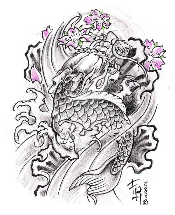 600x737 Japanese Dragon Fish Tattoo Design - Dragon Fish Drawing
