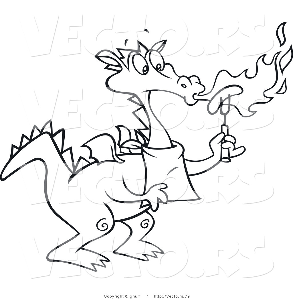 1024x1044 vector line drawing of a dragon chef blowing flames on a hot dog - Dragon Flames Drawing