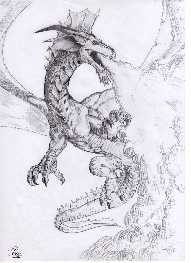 762x1049 Dragon Flying And Breathing Fire Drawing - Dragon Flying Drawing
