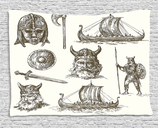 640x519 Viking Tapestry Hand Drawn Ancient War Figures Sword Shield - Dragon Hand Drawing