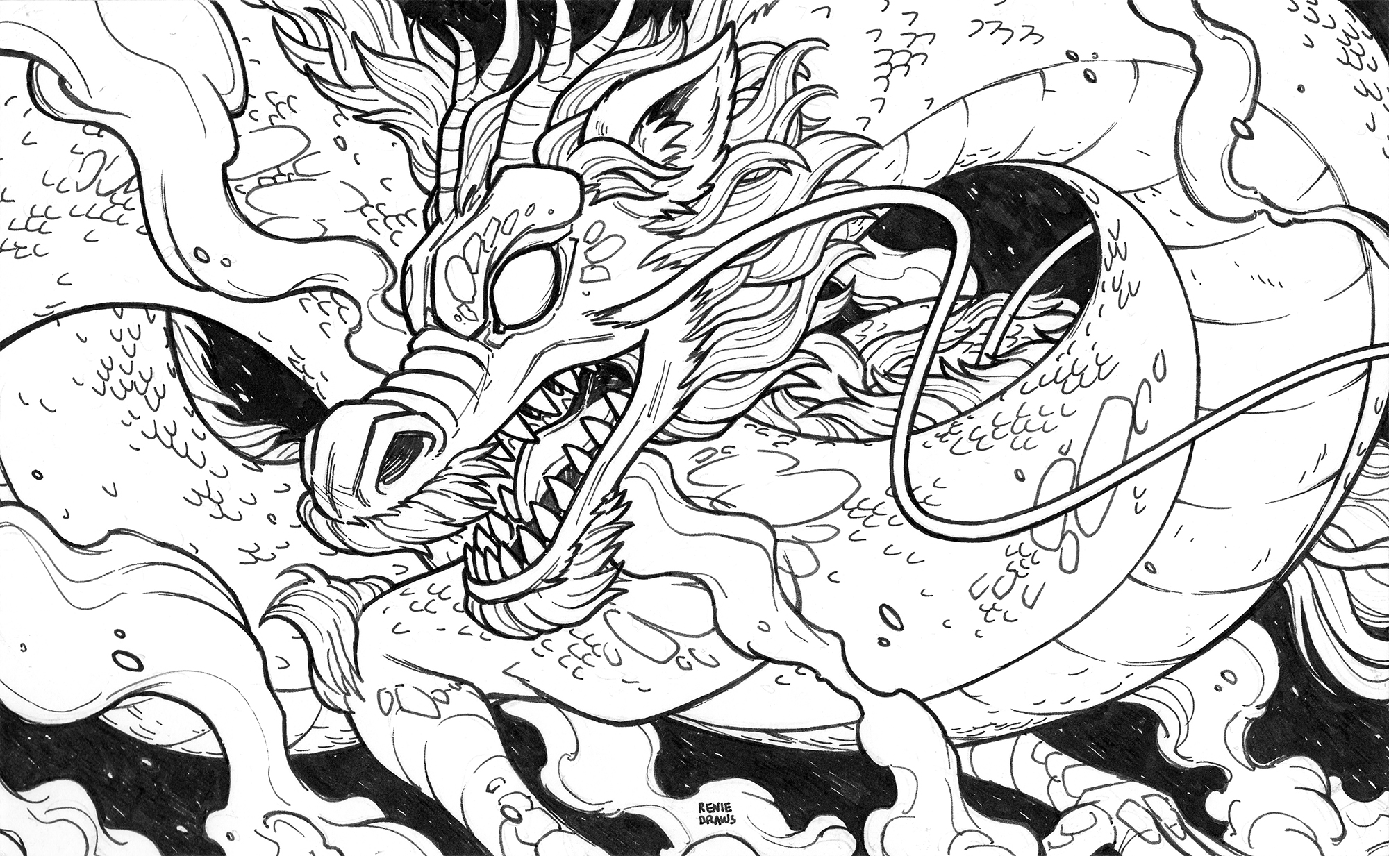 2000x1233 Dragon Original Ink Drawing - Dragon Ink Drawing