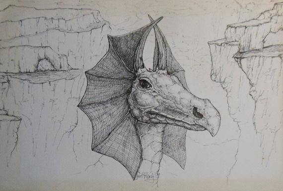 570x386 Vintage Dragon Ink Drawing In Landscape Etsy - Dragon Ink Drawing