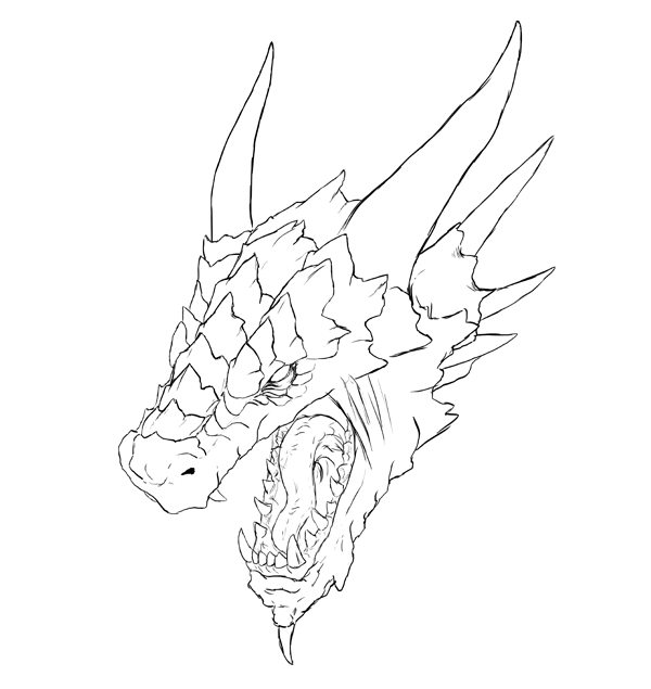 600x635 How To Draw A Dragon's Head Online Drawing Lessons - Dragon Line Drawing