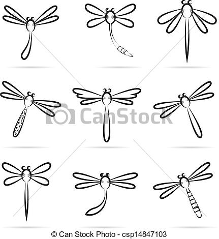 431x470 Set Of Vector Dragonfly Icons On White Background - Dragonfly Line Drawing