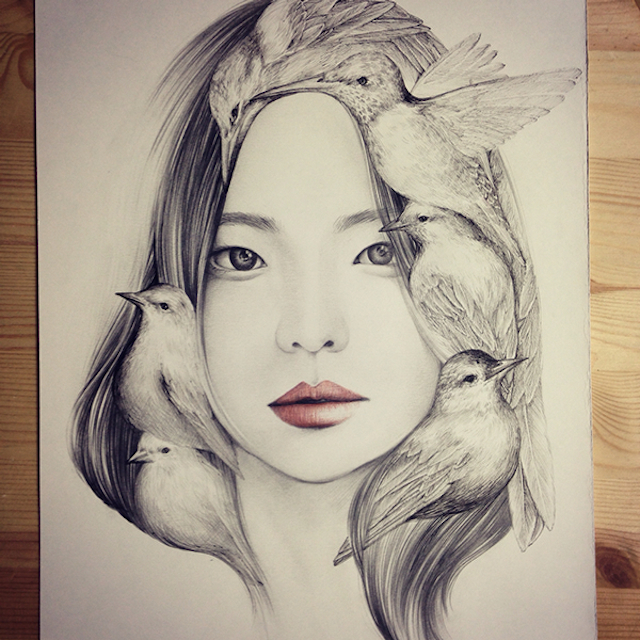 640x640 the girl and the birds drawings fubiz media - Drawing 2015