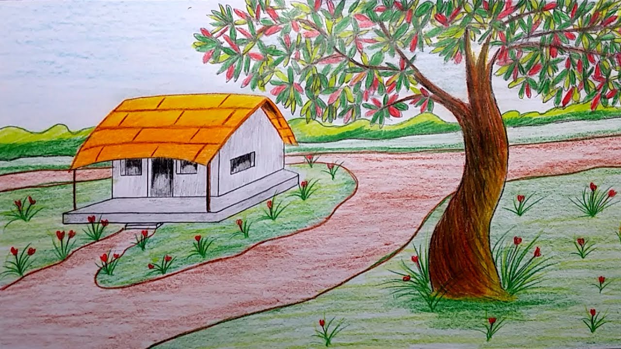 1280x720 How To Draw A Beautiful House And Tree With Painting Technique - Drawing And Painting