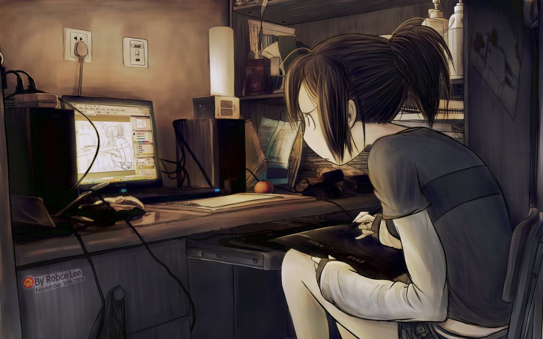 1120x700 Original Tablet Computer Drawing Girl Art Anime Wallpaper - Drawing Anime On The Computer