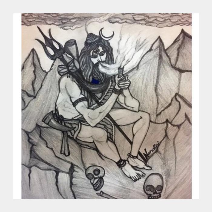 700x700 Shiva With Chillum On Mountains Pencil Sketch Square Art - Drawing Art Prints