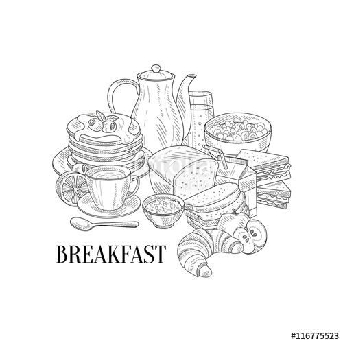 500x500 breakfast traditional food and drink hand drawn realistic sketch - Drawing Breakfast