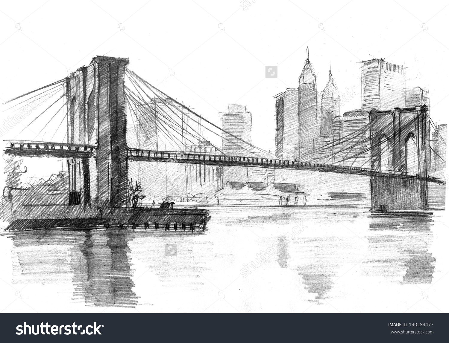 1500x1148 Pencil Drawing Of A Landscape With Set Skyscrapers And Brooklyn - Drawing Brooklyn Bridge