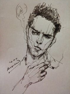 236x314 Male Portrait, Man Smoking, Sketch With Extra Fine Sharpie, Line - Drawing By