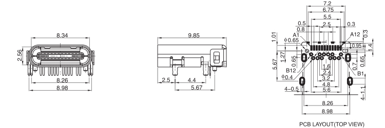 750x250 usb c type female connector top mout - Drawing C