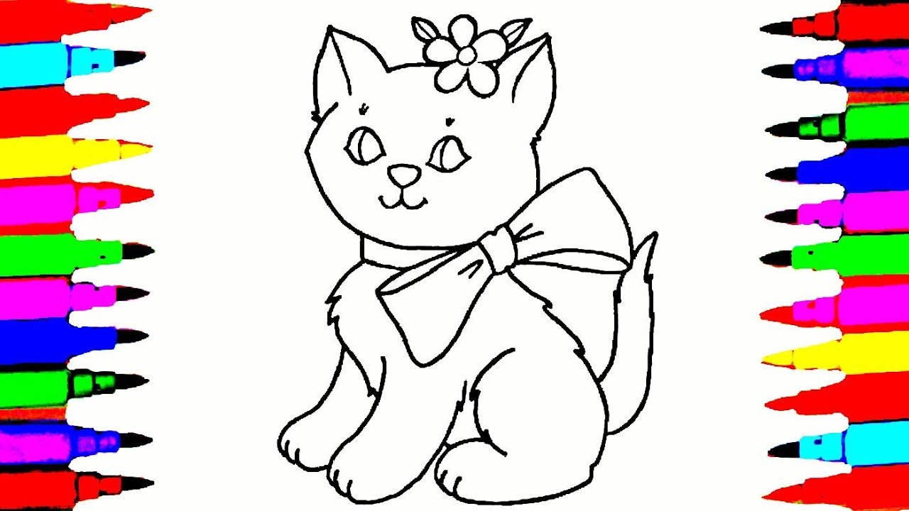 1280x720 Cat Drawing And Coloring Videos For Children L Cute Cat With A Bow - Drawing Coloring