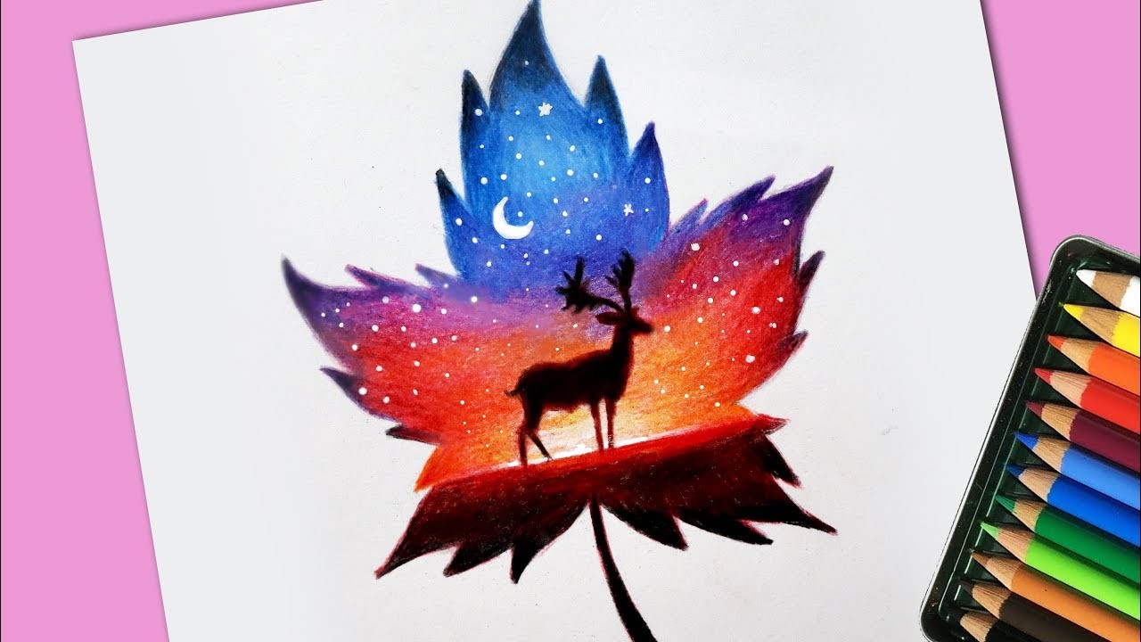 1280x720 Scenery Drawing Inside Maple Leaf With Colour Pencil - Drawing Colour