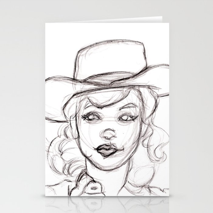 700x700 Pencil Drawing Sketch Of Retro Girl In Cowboy Hat Stationery Cards - Drawing Cowboy