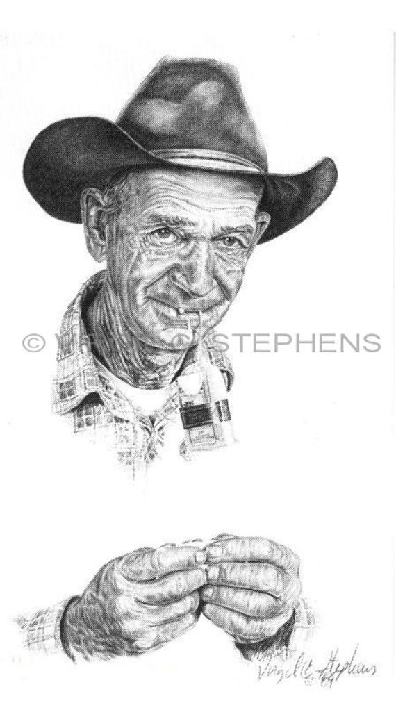 570x1035 Cowboy Art Enititled Bull Durham Drawing Of A Etsy - Drawing Cowboy