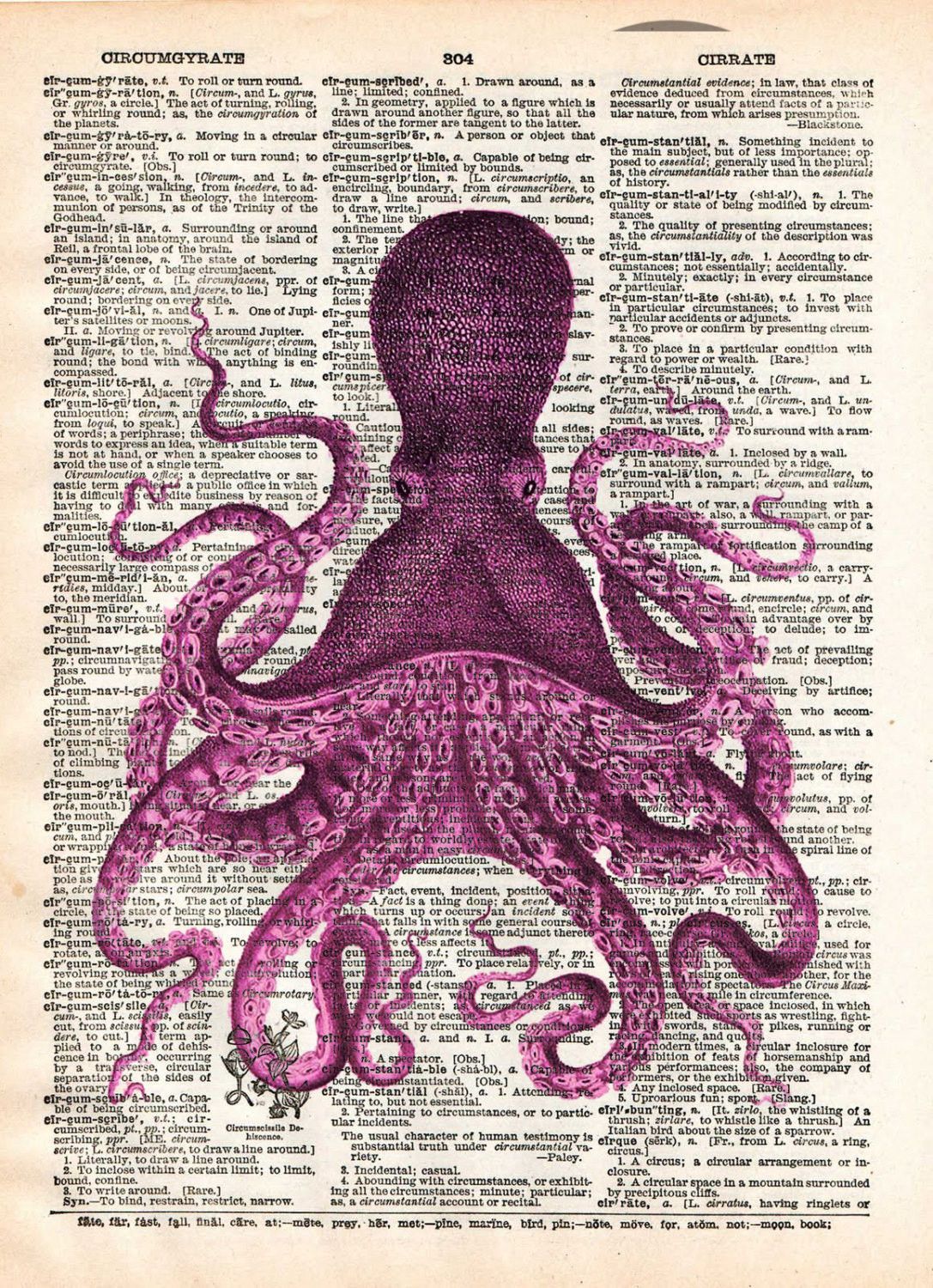 1087x1500 Octopus Wall Art, Vintage Octopus Drawing, Dictionary Print, Book - Drawing Dictionary