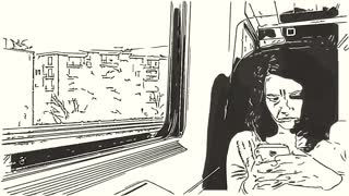 320x180 Girl With Cell Phone On Train, With Pencil Drawing Effect, Sitting - Drawing Effect