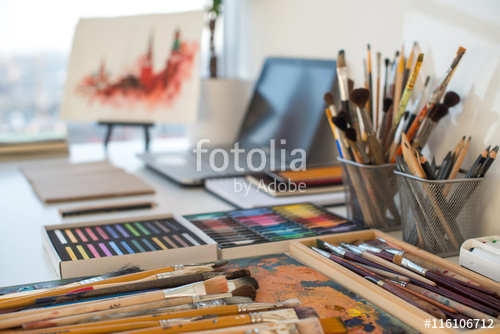 500x334 painter workplace in order side view designer desk with drawing - Drawing Equipment