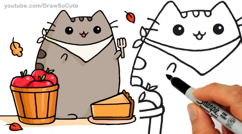 800x445 how to draw autumn pusheen cat eating pie step - Drawing Fall Leaves Step By Step