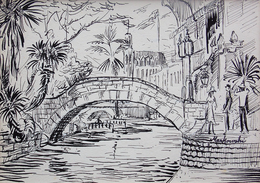 900x632 San Antonio River Bridge Drawing - Drawing Fiesta