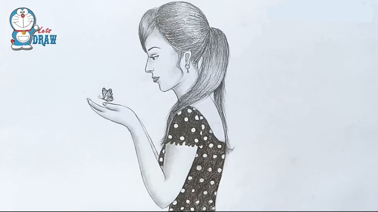 1280x720 Girl With Butterfly Drawing For Beginners Pencil Sketch - Drawing For A Girl