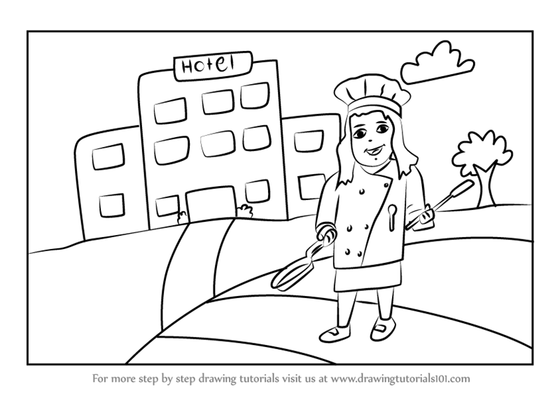 800x566 Learn How To Draw A Girl Chef Outside Hotel - Drawing For A Girl